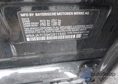 2019 BMW 530I xDrive из США, поврежденный, VIN WBAJA7C59KG911520